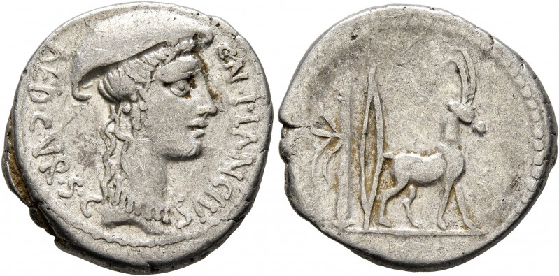 Cn. Plancius, 55 BC. Denarius (Silver, 19 mm, 3.66 g, 7 h), Rome. CN•PLANCIVS AE...