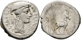 Cn. Plancius, 55 BC. Denarius (Silver, 19 mm, 3.66 g, 7 h), Rome. CN•PLANCIVS AED•CVR•S•C Female head to right, wearing causia. Rev. Cretan goat stand...