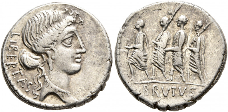 M. Junius Brutus, 54 BC. Denarius (Silver, 19 mm, 4.34 g, 1 h), Rome. LIBERTAS H...