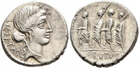 M. Junius Brutus, 54 BC. Denarius (Silver, 19 mm, 4.34 g, 1 h), Rome. LIBERTAS Head of Libertas to right, wearing pendant earring and necklace. Rev. B...