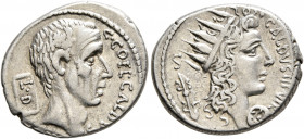 C. Coelius Caldus, 53 BC. Denarius (Silver, 19 mm, 4.00 g, 1 h), Rome. C•COEL•CALDVS / COS Bare head of the consul C. Coelius Caldus to right; to left...