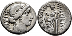 Man. Acilius Glabrio, 49 BC. Denarius (Silver, 17 mm, 3.73 g, 3 h), Rome. SALVTIS Laureate head of Salus to right. Rev. MN •ACILIVS III•VIR•VALE TV Va...