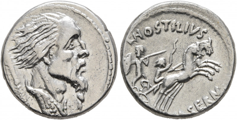 L. Hostilius Saserna, 48 BC. Denarius (Silver, 18 mm, 4.00 g, 12 h), Rome. Drape...