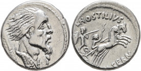 L. Hostilius Saserna, 48 BC. Denarius (Silver, 18 mm, 4.00 g, 12 h), Rome. Draped male bust (Vercingetorix?) with wild hair and long plaited beard to ...