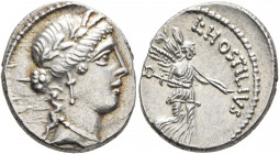 L. Hostilius Saserna, 48 BC. Denarius (Silver, 19 mm, 3.60 g, 11 h), Rome. Female head to right, wearing oak wreath. Rev. L HOSTILIVS [SASERNA] Victor...