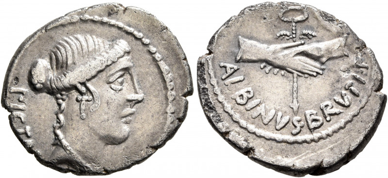 Albinus Bruti f, 48 BC. Denarius (Silver, 20 mm, 3.16 g, 6 h), Rome. PIETAS Head...