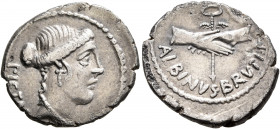 Albinus Bruti f, 48 BC. Denarius (Silver, 20 mm, 3.16 g, 6 h), Rome. PIETAS Head of Pietas to right. Rev. ALBINVS•BRVTI•F Two right hands clasped arou...