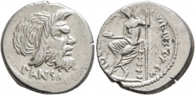 C. Vibius C.f. C.n. Pansa Caetronianus, 48 BC. Denarius (Silver, 19 mm, 4.00 g, 5 h), Rome. PANSA Mask of bearded Pan to right. Rev. C•VIBIVS•C•F C•N ...