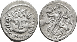 L. Plautius Plancus, 47 BC. Denarius (Silver, 19 mm, 3.07 g, 12 h), Rome. L•PLAVTIVS Facing head of Medusa with coiled serpent on either side. Rev. PL...