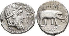 Q. Caecilius Metellus Pius Scipio, 47-46 BC. Denarius (Silver, 17 mm, 3.32 g, 9 h), Rome. Q•METEL PIVS Laureate head of Jupiter to right. Rev. SCIPI /...