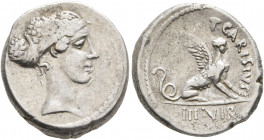 T. Carisius, 46 BC. Denarius (Silver, 17 mm, 4.10 g, 1 h), Rome. Head of the Sibyl Herophile to right, hair elaborately decorated with jewels and encl...