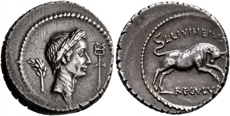 Julius Caesar, 49-44 BC. Denarius (Silver, 19 mm, 4.14 g, 6 h), with L. Livineiu...