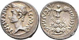 Augustus, 27 BC-AD 14. Denarius (Silver, 19 mm, 3.68 g, 3 h), Emerita, 25-23 BC. IMP CAESAR - AVGVST Bare head of Augustus to left. Rev. P CARISIVS LE...