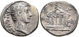 Augustus, 27 BC-AD 14. Denarius (Silver, 18 mm, 3.75 g, 5 h), Pergamum, 27 BC. AVGVSTVS Bare head of Augustus to right. Rev. IOVI - OLVM Hexastyle tem...