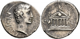 Augustus, 27 BC-AD 14. Denarius (Silver, 19 mm, 3.43 g, 7 h), Pergamum, 27 BC. AVGVSTVS Bare head of Augustus to right. Rev. IOVI – OLV Hexastyle temp...