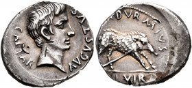 Augustus, 27 BC-AD 14. Denarius (Silver, 20 mm, 3.82 g, 1 h), M. Durmius, moneyer, Rome, 19-18 BC. CAESAR AVGVSTVS Bare head of Augustus to right. Rev...
