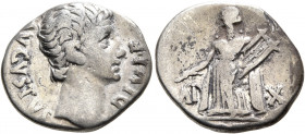 Augustus, 27 BC-AD 14. Denarius (Silver, 18 mm, 3.59 g, 6 h), Rome, 15-13 BC. AVGVSTVS DIVI•F Bare head of Augustus to right. Rev. IMP X Apollo Cithar...
