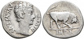 Augustus, 27 BC-AD 14. Denarius (Silver, 17 mm, 3.72 g, 5 h), Lugdunum, circa 15-13 BC. DIVI•F AVGVSTVS Bare head of Augustus to right. Rev. IMP•X Bul...