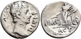 Augustus, 27 BC-AD 14. Denarius (Silver, 18 mm, 3.51 g, 7 h), Lugdunum, 15-13 BC. AVGVSTVS DIVI•F Bare head of Augustus to right. Rev. IMP X Apollo Ci...