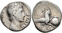 Augustus, 27 BC-AD 14. Denarius (Silver, 18 mm, 3.42 g, 3 h), Lugdunum, 12 BC. AVGVSTVS DIVI•F Bare head of Augustus to right. Rev. IMP XI Capricorn t...