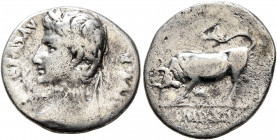 Augustus, 27 BC-AD 14. Denarius (Silver, 19 mm, 3.54 g, 7 h), Lugdunum, circa 11-10 BC. AVGVSTVS DIVI F• Bare head of Augustus to right. Rev. IMP•XI B...