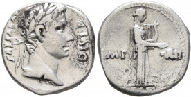 Augustus, 27 BC-AD 14. Denarius (Silver, 18 mm, 3.69 g, 3 h), Lugdunum, 11-10 BC. AVGVSTVS DIVI•F Laureate head of Augustus to right. Rev. IMP •XII / ...
