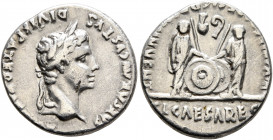 Augustus, 27 BC-AD 14. Denarius (Silver, 18 mm, 3.69 g, 2 h), Lugdunum, 2 BC-AD 4. CAESAR AVGVSTVS DIVI F PATER PATRIAE Laureate head of Augustus to r...