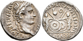 Augustus, 27 BC-AD 14. Denarius (Silver, 18 mm, 3.79 g, 2 h), a contemporary imitation, after 2 BC. [CAESAR AVGVSTVS] DIVI F PATER PATRIAE Laureate he...