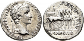 Augustus, 27 BC-AD 14. Denarius (Silver, 18 mm, 3.80 g, 7 h), Lugdunum, 13-14 AD. CAESAR AVGVSTVS DIVI F PATER PATRIAE Laureate head of Augustus to ri...