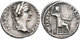 Tiberius, 14-37. Denarius (Silver, 17 mm, 3.78 g, 5 h), Lugdunum. TI CAESAR DIVI AVG F AVGVSTVS Laureate head of Tiberius to right. Rev. PONTIF MAXIM ...
