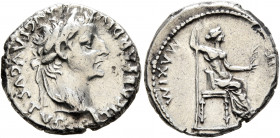 Tiberius, 14-37. Denarius (Silver, 18 mm, 3.79 g, 1 h), Lugdunum. TI CAESAR DIVI AVG F AVGVSTVS Laureate head of Tiberius to right. Rev. PONTIF MAXIM ...