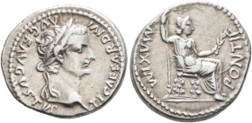 Tiberius, 14-37. Denarius (Silver, 19 mm, 3.71 g, 2 h), Lugdunum. TI CAESAR DIVI AVG F AVGVSTVS Laureate head of Tiberius to right. Rev. PONTIF MAXIM ...