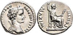 Tiberius, 14-37. Denarius (Silver, 18 mm, 3.74 g, 12 h), Lugdunum. TI CAESAR DIVI AVG F AVGVSTVS Laureate head of Tiberius to right. Rev. PONTIF MAXIM...