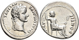 Tiberius, 14-37. Denarius (Silver, 20 mm, 3.77 g, 6 h), Lugdunum. TI CAESAR DIVI AVG F AVGVSTVS Laureate head of Tiberius to right. Rev. PONTIF MAXIM ...