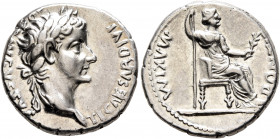 Tiberius, 14-37. Denarius (Silver, 17 mm, 3.77 g, 1 h), Lugdunum. TI CAESAR DIVI AVG F AVGVSTVS Laureate head of Tiberius to right. Rev. PONTIF MAXIM ...