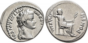 Tiberius, 14-37. Denarius (Silver, 20 mm, 3.86 g, 5 h), Lugdunum. TI CAESAR DIVI AVG F AVGVSTVS Laureate head of Tiberius to right. Rev. PONTIF MAXIM ...