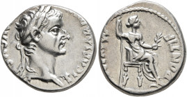 Tiberius, 14-37. Denarius (Silver, 18 mm, 3.90 g, 2 h), Lugdunum. TI CAESAR DIVI AVG F AVGVSTVS Laureate head of Tiberius to right. Rev. PONTIF MAXIM ...