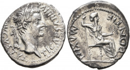 Tiberius, 14-37. Denarius (Silver, 19 mm, 3.61 g, 5 h), Lugdunum. TI CAESAR DIVI AVG F AVGVSTVS Laureate head of Tiberius to right. Rev. PONTIF MAXIM ...