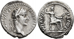 Tiberius, 14-37. Denarius (Silver, 20 mm, 3.70 g, 1 h), Lugdunum. TI CAESAR DIVI AVG F AVGVSTVS Laureate head of Tiberius to right. Rev. PONTIF MAXIM ...