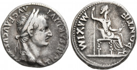 Tiberius, 14-37. Denarius (Silver, 18 mm, 3.69 g, 2 h), Lugdunum. TI CAESAR DIVI AVG F AVGVSTVS Laureate head of Tiberius to right. Rev. PONTIF MAXIM ...
