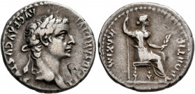 Tiberius, 14-37. Denarius (Silver, 19 mm, 3.68 g, 4 h), Lugdunum. TI CAESAR DIVI AVG F AVGVSTVS Laureate head of Tiberius to right. Rev. PONTIF MAXIM ...