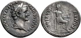 Tiberius, 14-37. Denarius (Silver, 19 mm, 3.48 g, 5 h), Lugdunum. TI CAESAR DIVI AVG F AVGVSTVS Laureate head of Tiberius to right. Rev. PONTIF MAXIM ...