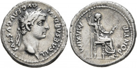 Tiberius, 14-37. Denarius (Silver, 19 mm, 3.73 g, 11 h), Lugdunum. TI CAESAR DIVI AVG F AVGVSTVS Laureate head of Tiberius to right. Rev. PONTIF MAXIM...