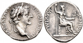 Tiberius, 14-37. Denarius (Silver, 18 mm, 3.68 g, 9 h), Lugdunum. TI CAESAR DIVI AVG F AVGVSTVS Laureate head of Tiberius to right. Rev. PONTIF MAXIM ...