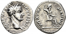 Tiberius, 14-37. Denarius (Silver, 19 mm, 3.51 g, 4 h), Lugdunum. TI CAESAR DIVI AVG F AVGVSTVS Laureate head of Tiberius to right. Rev. PONTIF MAXIM ...