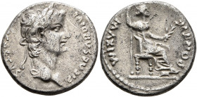 Tiberius, 14-37. Denarius (Silver, 18 mm, 3.76 g, 2 h), Lugdunum. TI CAESAR DIVI AVG F AVGVSTVS Laureate head of Tiberius to right. Rev. PONTIF MAXIM ...