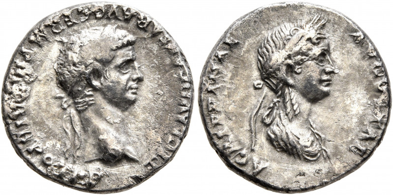 Claudius, with Agrippina Junior, 41-54. Denarius (Silver, 18 mm, 3.35 g, 12 h), ...