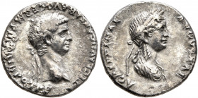 Claudius, with Agrippina Junior, 41-54. Denarius (Silver, 18 mm, 3.35 g, 12 h), Rome, 50-51. TI CLAVD CAESAR AVG GERM P M TRIB POT P P Laureate head o...