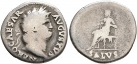 Nero, 54-68. Denarius (Silver, 18 mm, 3.15 g, 6 h), Rome, 65-66. NERO CAESAR AVGVSTVS Laureate head of Nero to right. Rev. SALVS Salus seated left on ...
