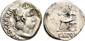 Nero, 54-68. Denarius (Silver, 16 mm, 3.30 g, 6 h), Rome, 66-67. IMP NERO CAESAR AVGVSTVS Laureate head of Nero to right. Rev. SALVS Salus seated left...